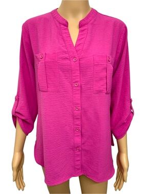 3rd + Malt Bright Fuchsia Button-Front Roll Sleeve Shirt Top Blouse size L